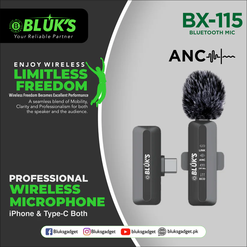 BLUK’S BX-115 Professional Wireless Bluetooth Microphone - Lavalier Collar Mic ANC