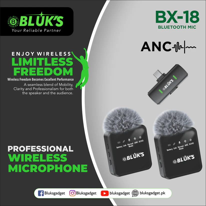 BLUK'S BX-18 Dual Wireless Lavalier Mic - 2 Transmitters ANC Bluetooth