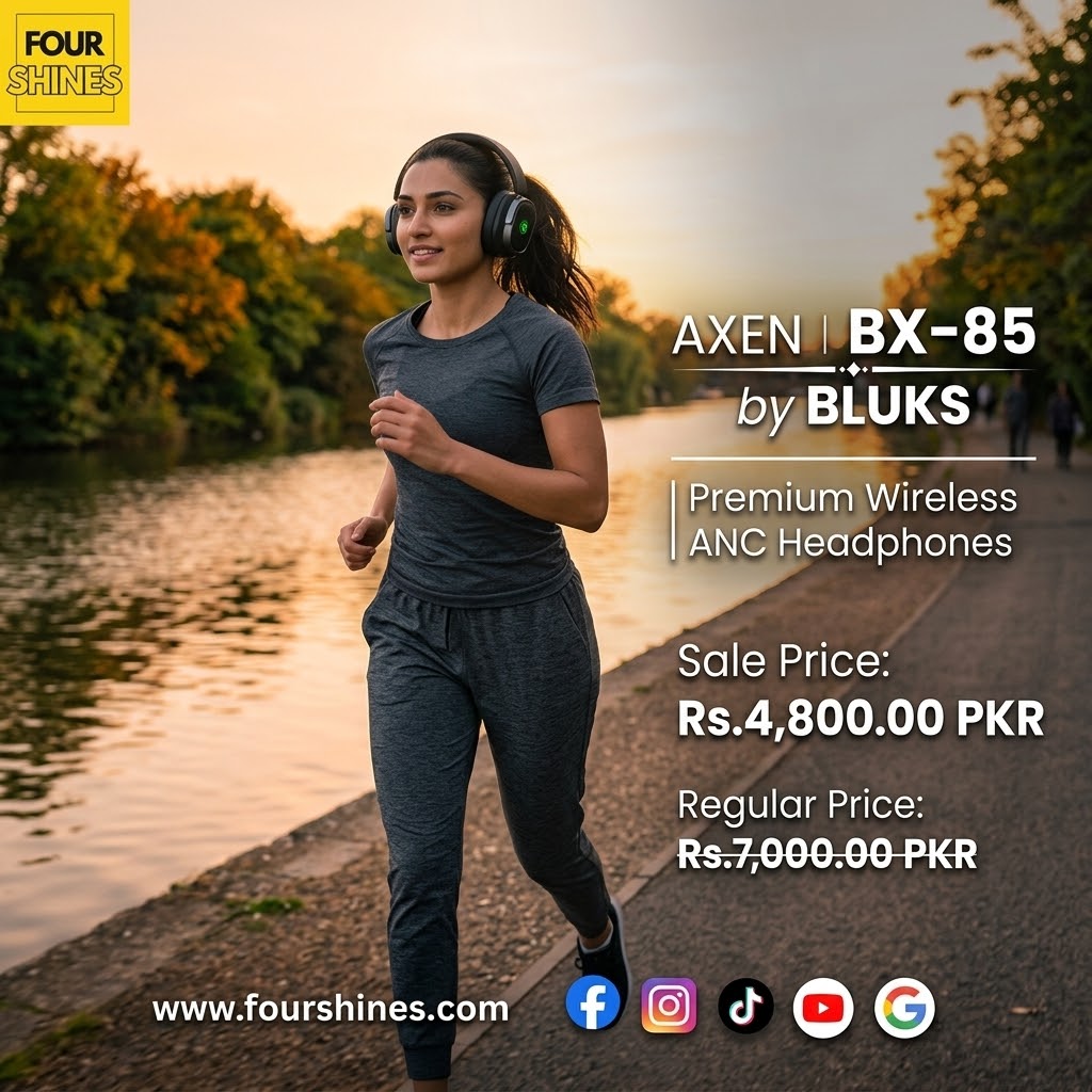 A woman jogging outdoors by a river at sunset wearing over-ear wireless headphones. The image includes promotional text for AXEN BX-85 headphones by BLUKS and a Four Shines logo and website.
