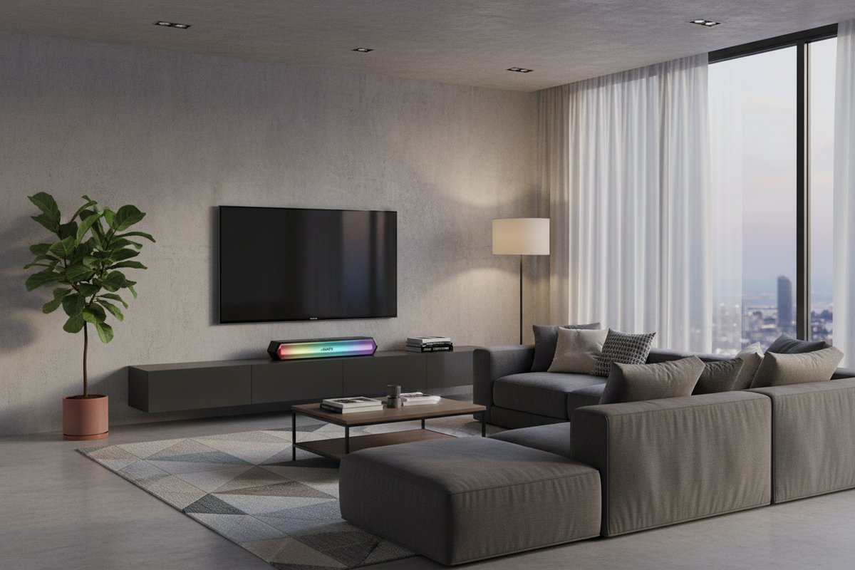 A modern living room featuring a large gray sectional sofa with a matching ottoman, a floating dark gray media console with a wall-mounted TV, a floor lamp, a potted plant, and a geometric area rug. The room has a concrete-textured wall, a large window with sheer curtains, and a city view.