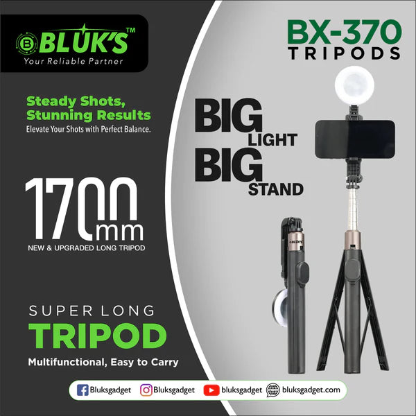 BLUK'S BX-370 | Super Long 1700mm Steel Body | Big Ring Flash Light | Remote Control