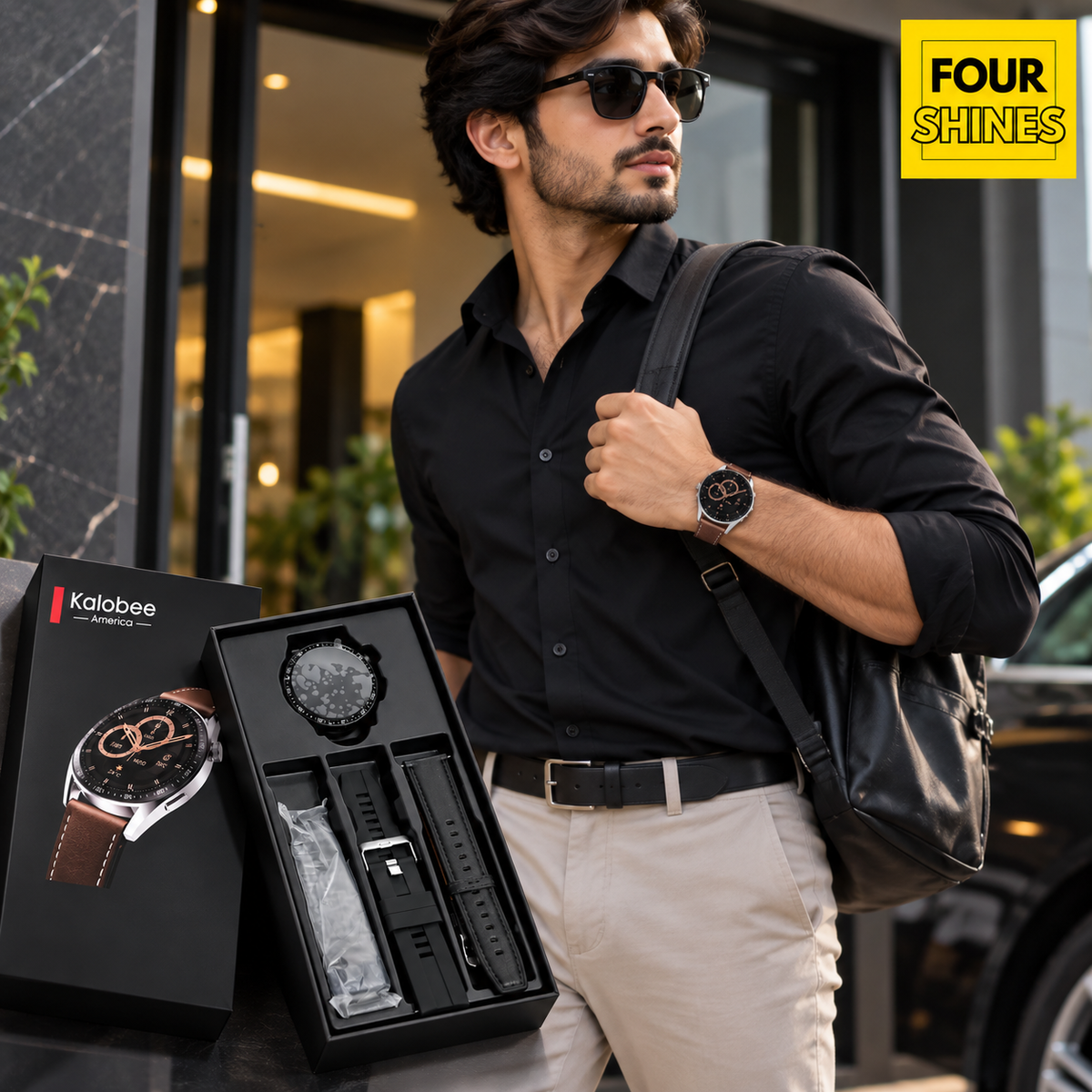 A man in a black shirt and beige trousers models a black Kalbee smartwatch with a brown leather strap, standing next to its black presentation box and open watch box on a modern balcony.