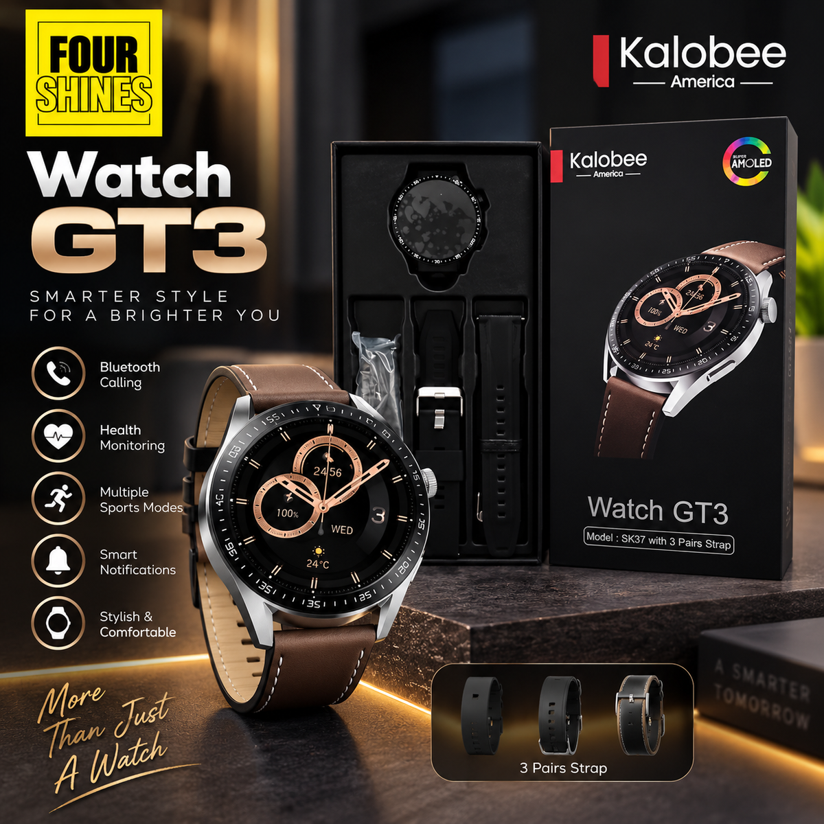 A promotional product shot for the Kalobee Watch GT3, showing a round smartwatch with a brown leather strap and silver-toned case in front of its retail box and a black strap box. The scene includes marketing text, feature icons, and a small inset showing three strap colors.