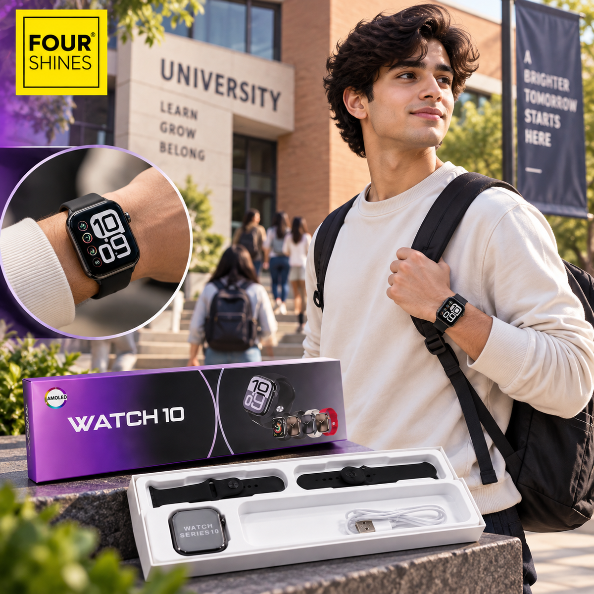 A man wearing a black smartwatch stands outside a university building with a backpack, with an inset showing the watch on a wrist and the WATCH 10 retail box and tray placed in the foreground. A FOUR SHINES logo appears in the top-left corner.