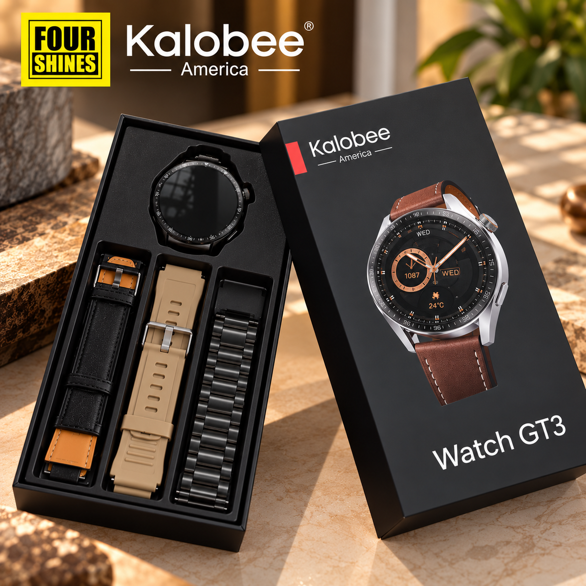 Kalobee GT3 Smartwatch – Bluetooth Calling, Health Tracking & 3 Strap Sets