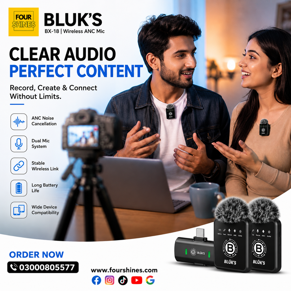 BLUK'S BX-18 Dual Wireless Lavalier Mic - 2 Transmitters ANC Bluetooth
