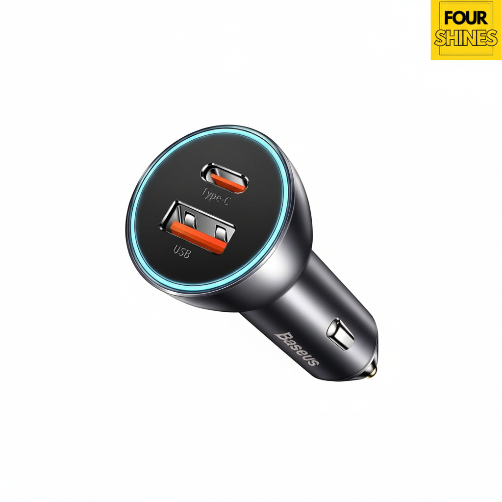 Car charger with USB and Type-C ports on a white background, featuring the Baseus brand.