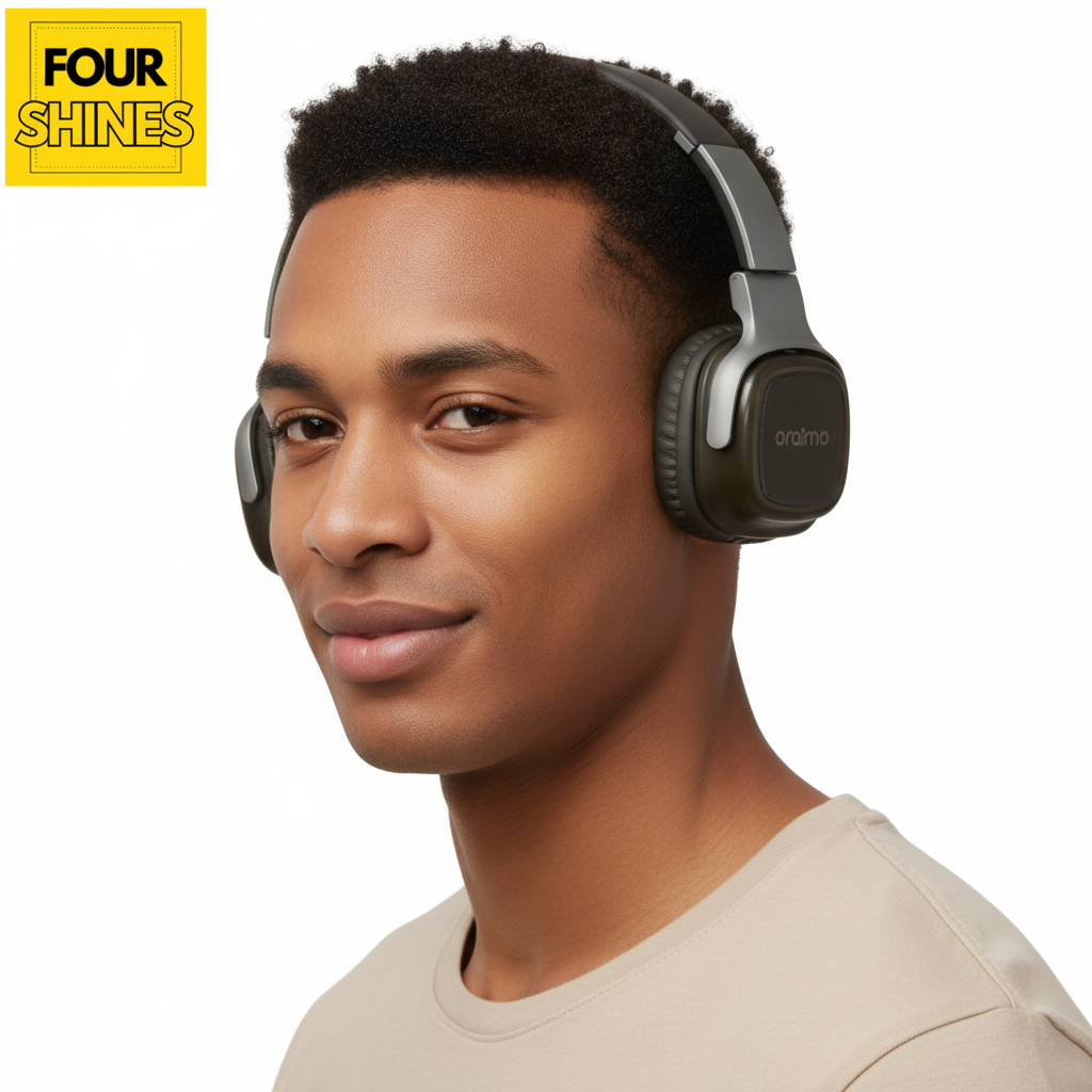 Black and gray headphones with 'dromo' branding on a white background, featuring the Four Shines logo.