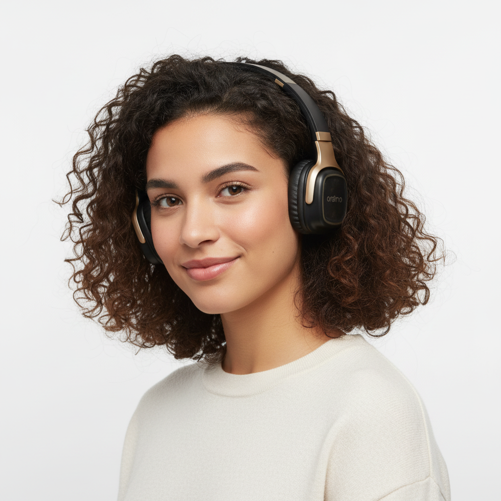 Pair of black and gold headphones on a black stand with 'oraimo' branding, against a white background.