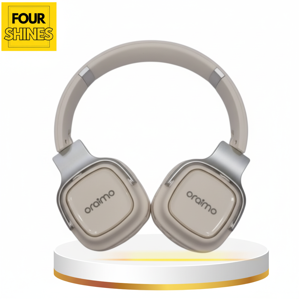 Beige headphones on a white platform with 'oraimo' branding, against a white background.