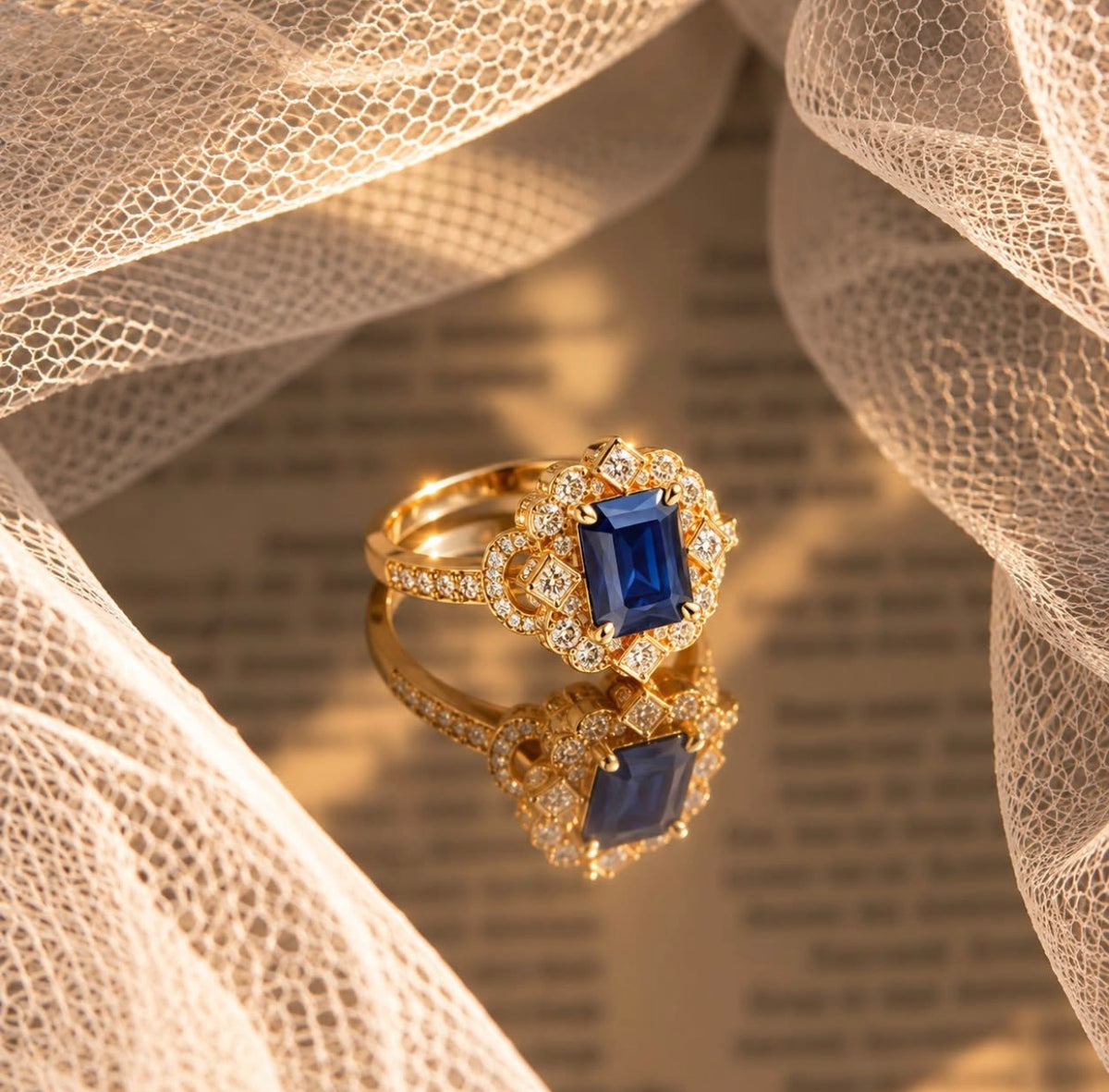 A gold ring with a rectangular blue gemstone and small clear stones, styled on a reflective surface with draped cream lace and a warm beige background.