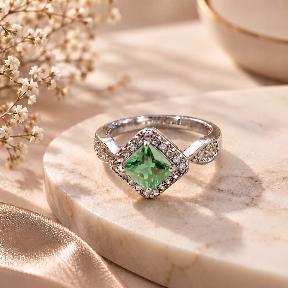 A silver ring with a square-cut green gemstone surrounded by a halo of small clear stones, displayed on a round marble slab with dried flowers and soft warm lighting.