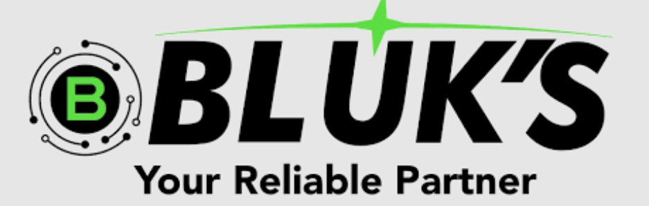Logo of BLUK'S with a green 'B' and text 'Your Reliable Partner' on a light gray background