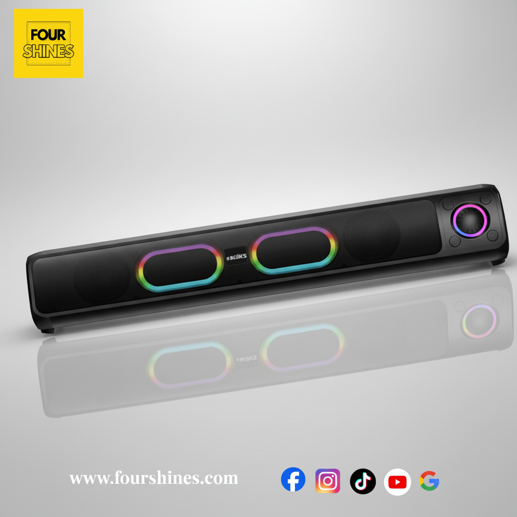 Speaker with Black LED strip light with colorful accents on a gray background, featuring the Four Shines brand.