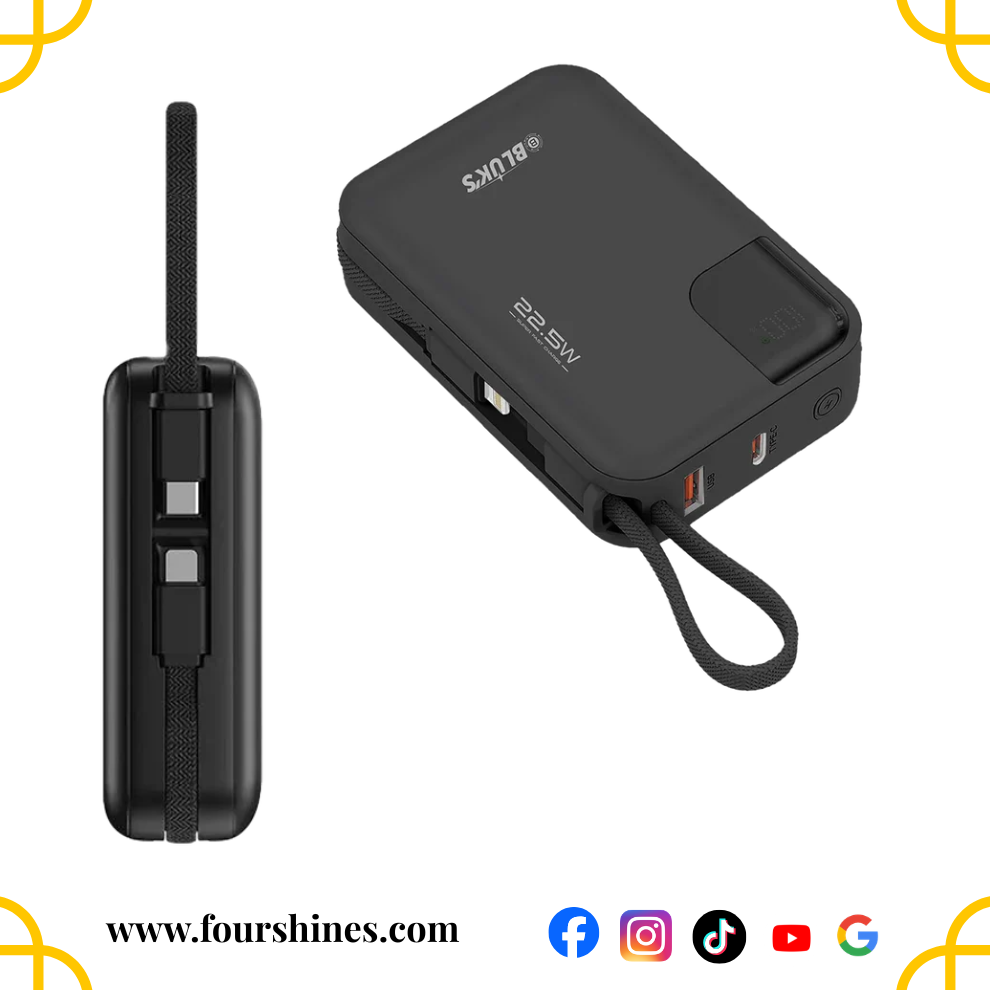 Bluk's BX-308 SwiftCharge Power Bank 20,000mAh - 22.5W Fast Charging with Built-in Cables