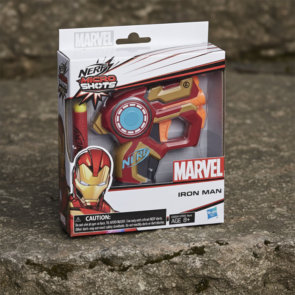 Nerf Original Marvel Iron Man Blaster in packaging, featuring a red and gold toy gun with black and gray accents, designed to resemble Iron Man's armor.