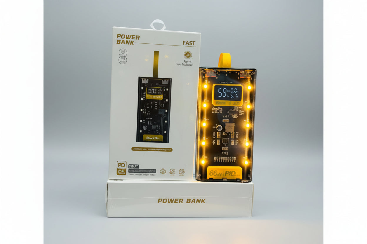 Power bank with packaging on a white background