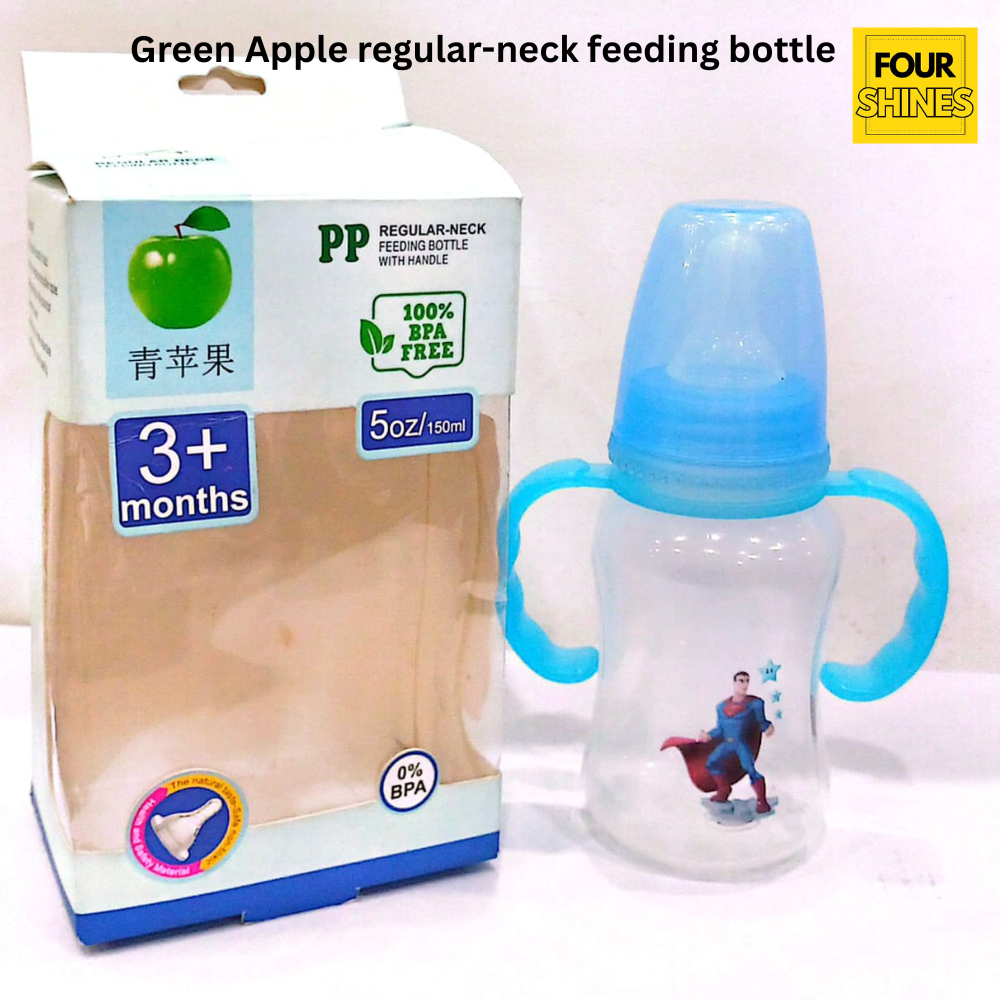 Green Apple regular-neck feeding bottle with handle │ Baby Feeder│Transparent bottom│150ml