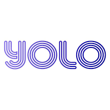 YOLO text with purple circular design on a white background