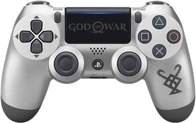 Silver gaming controller with 'God of War' branding on a white background