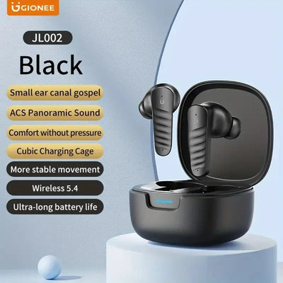 Black wireless earbuds with charging case on a light blue background, featuring UGIONEE branding.