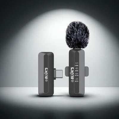 Two gray BLUKS microphones with a black windscreen on a gray background