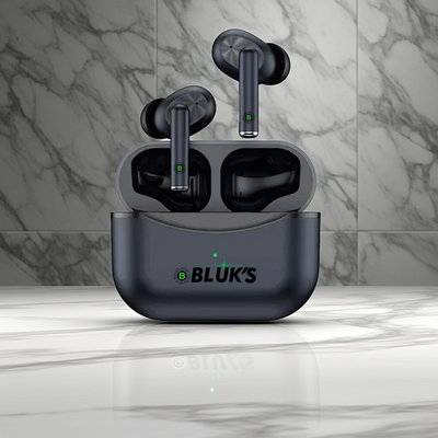 Black wireless earbuds with charging case on a marble background