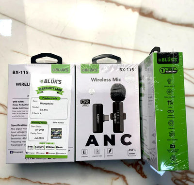 Bluk's wireless mic packaging on a marble surface - BX115
