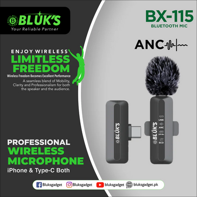 Bluk's BX-115 Bluetooth microphone with branding and product features on a gray background
