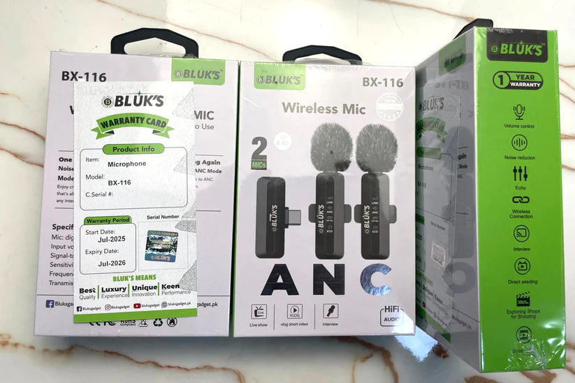 BLUK’S BX-116 Dual Wireless Lavalier Mic - ANC & Reverb Mode iPhone & Type-C