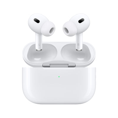 White wireless earbuds with charging case on a white background