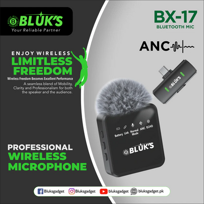 Bluk's BX-17 Bluetooth microphone with ANC technology on a gray background