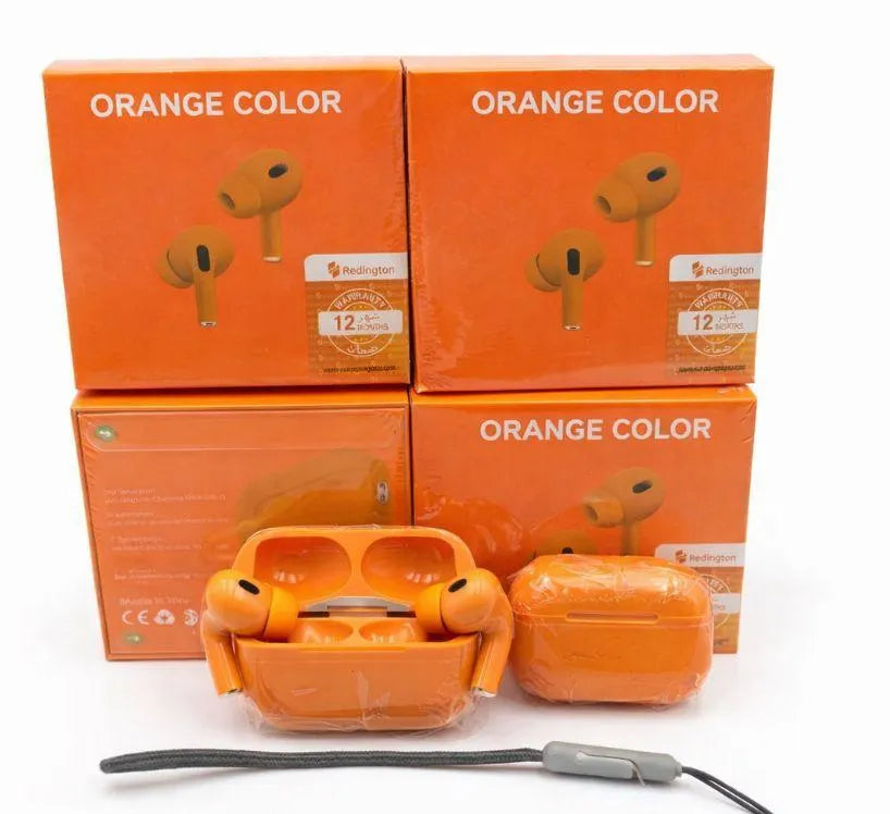 Orange wireless earbuds with charging case and accessories on an orange box background