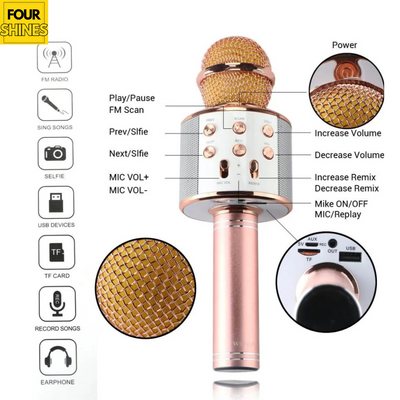 Rose gold microphone with control buttons and features on a white background