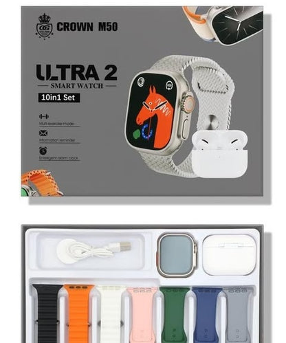 Crown M50 Smart Watch Set, 10+1+Earbuds Airpods Pro and Ultra 2 Watch + Straps