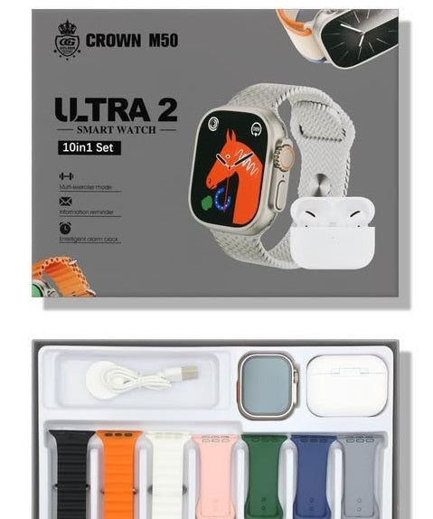 Crown M50 Smart Watch Set, 10+1+Earbuds Airpods Pro and Watch + Straps