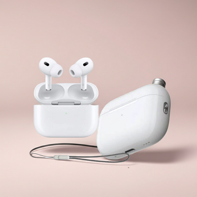 White wireless earbuds with charging case on a pink background