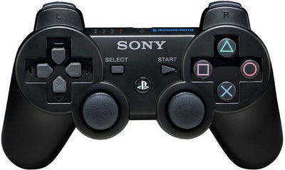 Black Sony gaming controller on a white background