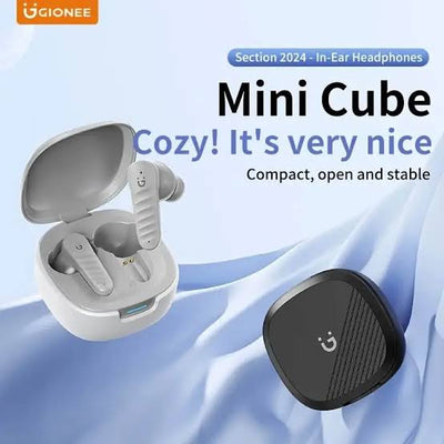 Gionee Mini Cube in-ear headphones with charging case on a blue background