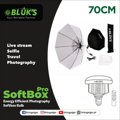 Bluk's photography equipment including a softbox, umbrella, and bulb on a black and white background.
