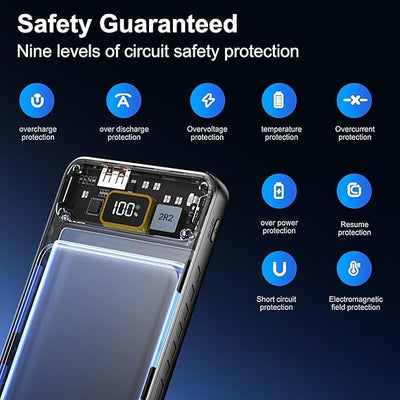 Battery pack with safety features highlighted on a dark background