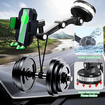 Car phone holder with sticky suction cup and super adhesion feature on a car dashboard.