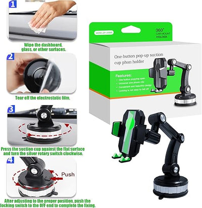 Car phone holder with packaging and installation instructions on a white background