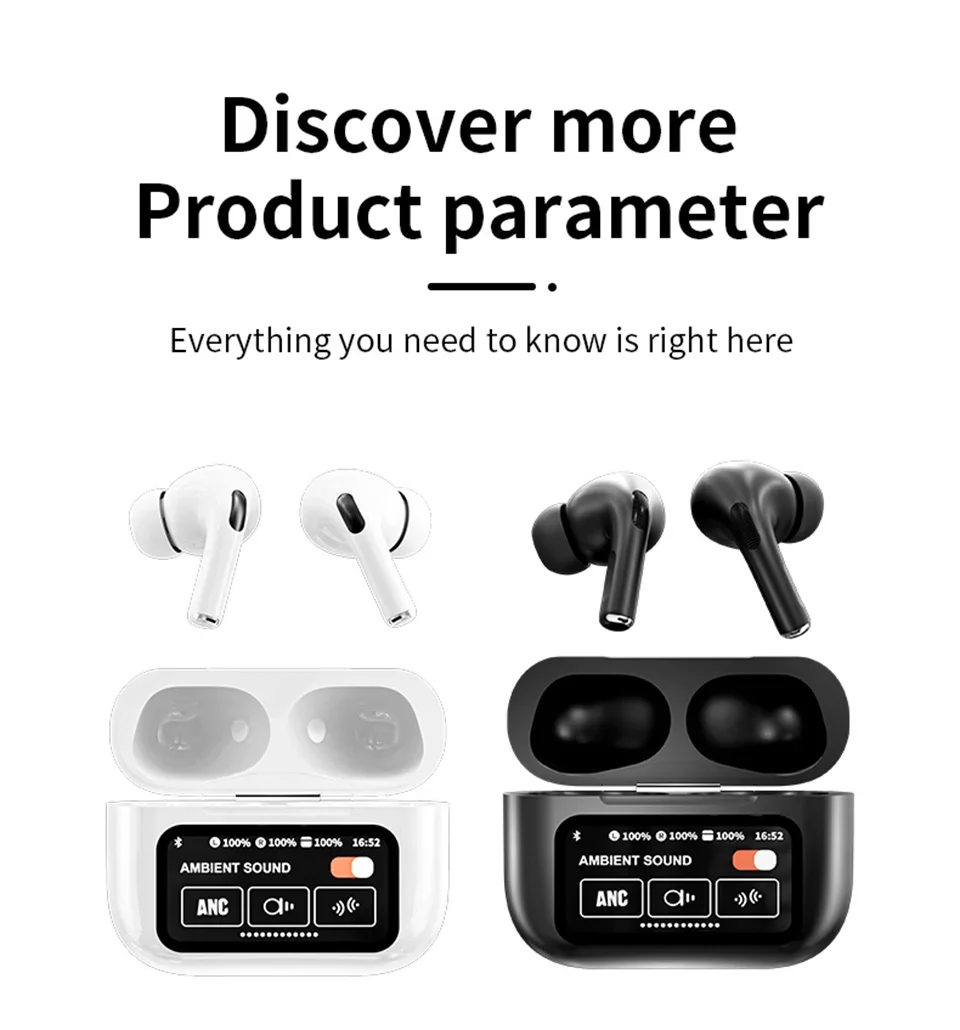 Airpods A9 Pro Wireless Earbuds, Bluetooth 5.4 Touch Screen Display,