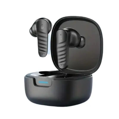 Black wireless earbuds with charging case on a white background