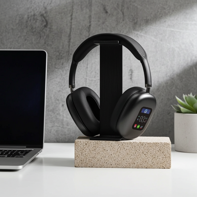Black headphones on a stand with a laptop and plant in the background
