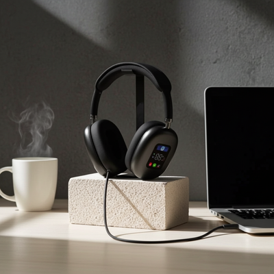 Black headphones on a stand with a laptop and steaming cup of coffee on a wooden table.