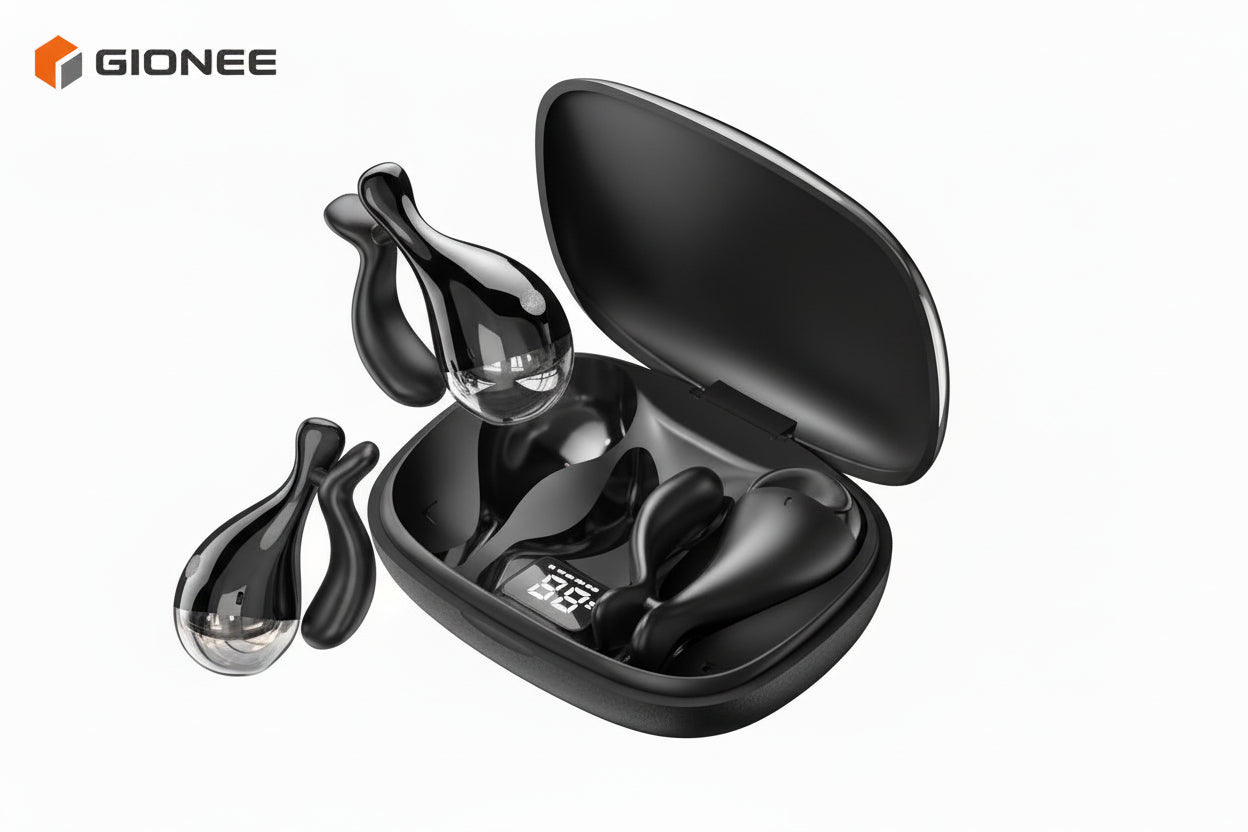 Black wireless earbuds in a charging case with Gionee branding on a white background