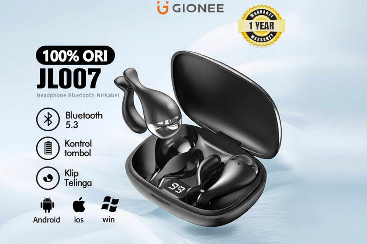 Black wireless earbuds in a charging case with Gionee branding on a light blue background