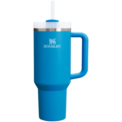 Blue Stanley mug with handle on a white background